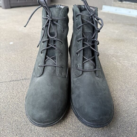 Timberland Boots Women's Amston Size 10 Wedge Heel Black Nubuck Lace Up Bootie - Picture 3 of 8